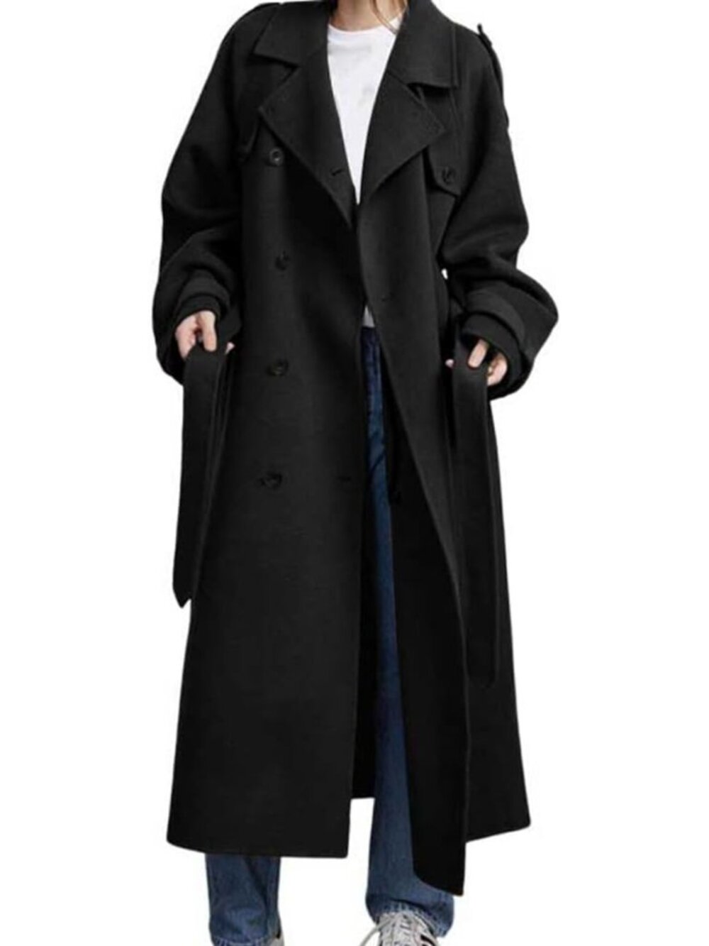 Wool Blend Double Breasted Midi Trench Coat Black Notch Lapel Belted